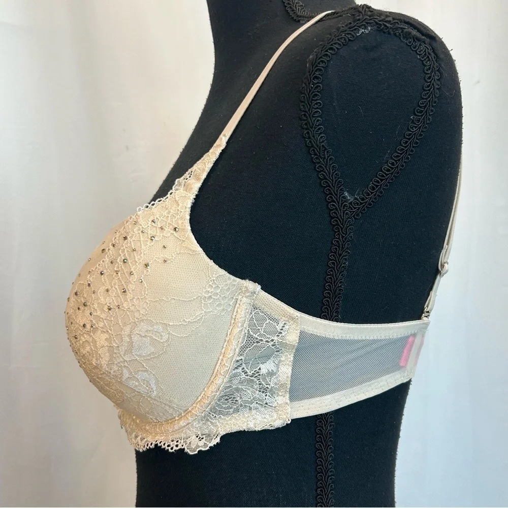 LA Senza Beyond sexy cream crystal rhinestone embellished bra Sz 32D